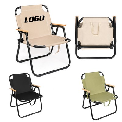 Portable Folding Steel Chair with Wooden Armrests