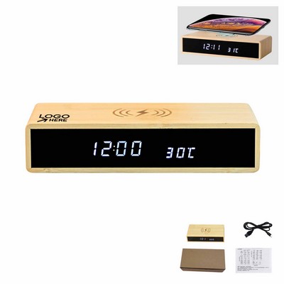 Wooden Digital Clock With Wireless Charger And LED Display