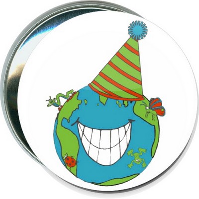 Earth Day - Smiling Earth with Party Hat - 3 Inch Round Button