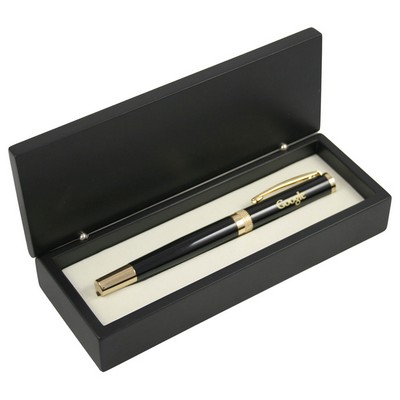 Glossy Black Roller Ball Pen with Gold Cut Accents