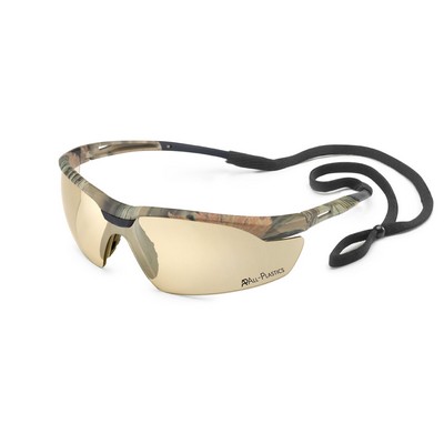 Camo frame, flexible temple, bronze mirror lens, Conqueror safety glasses