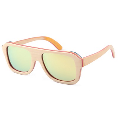 Square Layered Maple Wood Sunglasses - Natural Frames & Mirrored Lenses