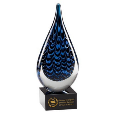 Blue and Black Tear Drop Art Glass on Black Glass Base, 9"