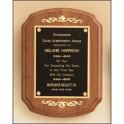 American Walnut Plaque w/Black Brass Plate, Notched Corner & Gold Casting Accent (9"x 12")