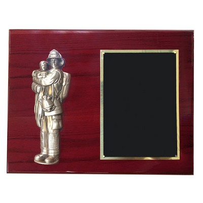 Fire Fighter Holding Child on Piano Finish Cherry Plaque (9" x 12")