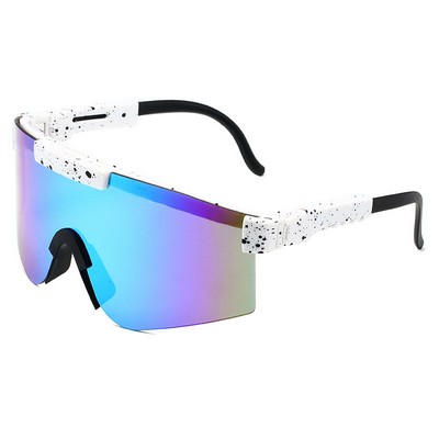 Goggle Sunglasses - Blue Mirror Lenses - White Frames