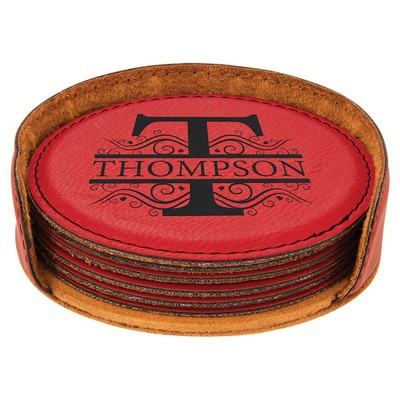 4" Round Red 6-Coaster Set with Holder, Laserable Leatherette