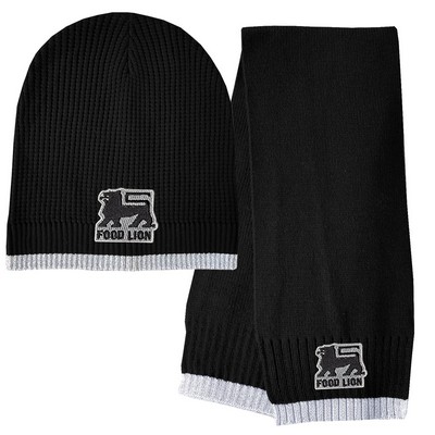 Reflective Lightweight Waffle Knit Beanie Cap & Scarf Combo