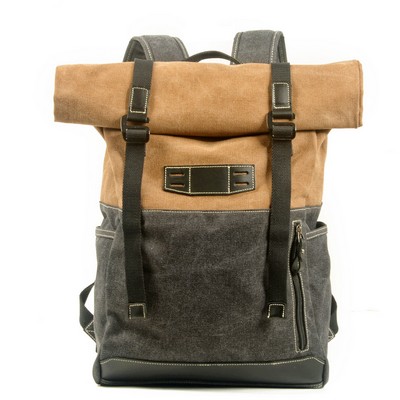 Cotton Canvas Backpack w/Genuine Leather And Buckle Straps