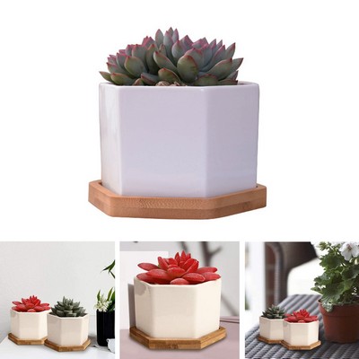 White Ceramic Succulent Cactus Plant Pots with Bamboo Tray