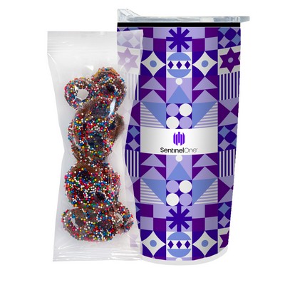 Promo Revolution- 20 Oz. Straight Tumbler w/Plastic Liner w Milk Choc. Pretzels w Rainbow Nonpareils