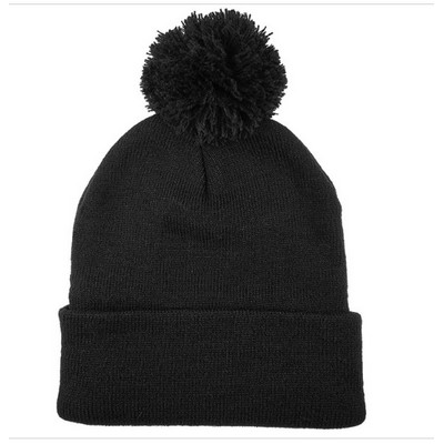 Pom-Pom Knit Roll Cuff Beanie (Blank)