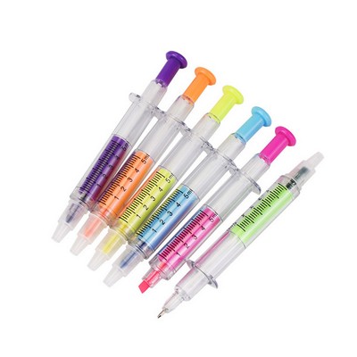 ABS Plastic Novelty Syringe Shaped Double Ended Highlighter Ballpoint Pen w/Transparent Barrel