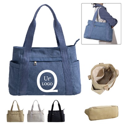 Large Capacity Women Canvas Bag W/ Side Pockets