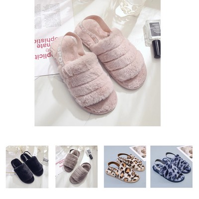 House Slippers Faux Rabbit Fur Open Toe Shoes