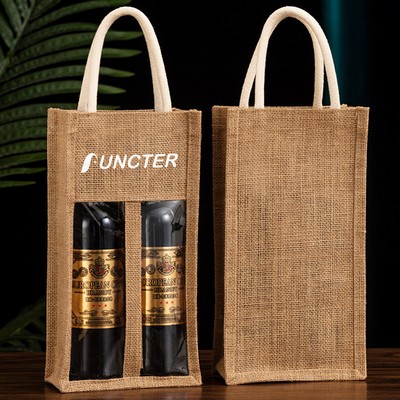 Eco-Friendly Burlap 2 Wine Bottle Bag w/ Window