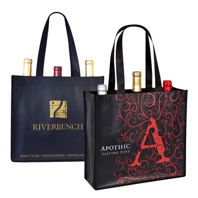 120g Laminated Non-Woven Custom 3-Bottle Wine Tote (12"x11"x4")