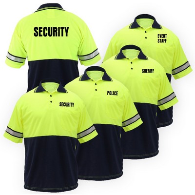 Two Tone Polyester Polo Shirt With Reflective Stripes And With Id (Lime Yellow W/ Navy Blue)