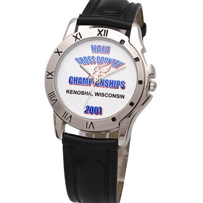 Watch designed with chrome bezel decorated with Roman numerals, genuine leather band, Japan movement