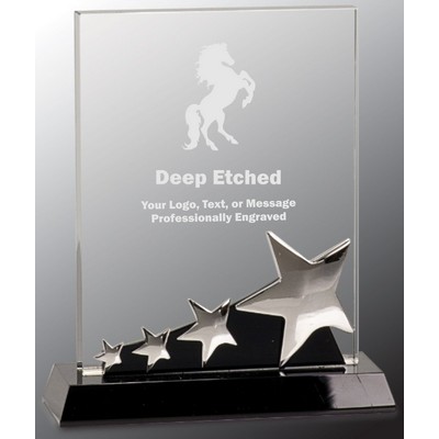 7" Rectangle Crystal Award with Silver Stars on Black Pedestal Base