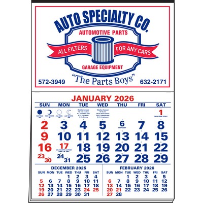 3-Months-In-View 2 Color Imprint Half Apron Calendar (Red & Blue)