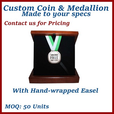 Executive Medallion Presentation Wooden Box w/ Flat or Easel Stand View - made to order, low minimum