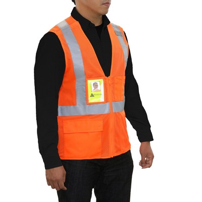 5 Point Breakaway Pocketed Mesh X Back Vest- ID Pocket/Fluorescent Red-Orange