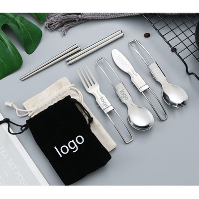 5Pcs Folding Camping Set Protable Stainless Steel Flatware include Spoon Fork Knife for Picnic