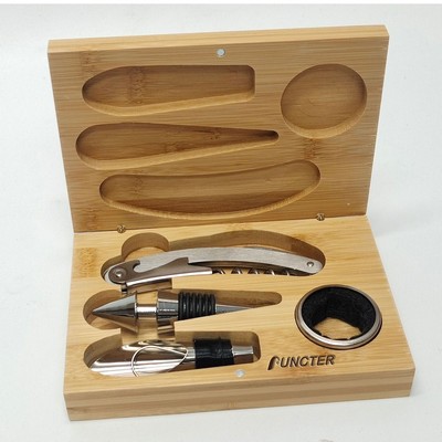 4 Piece Stainless Steel Wine Opener Accessory Set w/ Bamboo Box