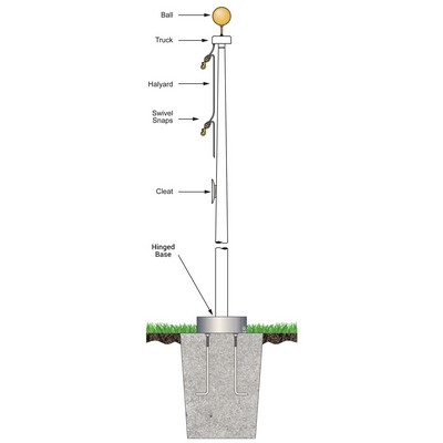 50' White Fiberglass Flagpole External Halyard - Hinged Base