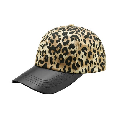 Leopard Print Cap with Textured Leather Bill