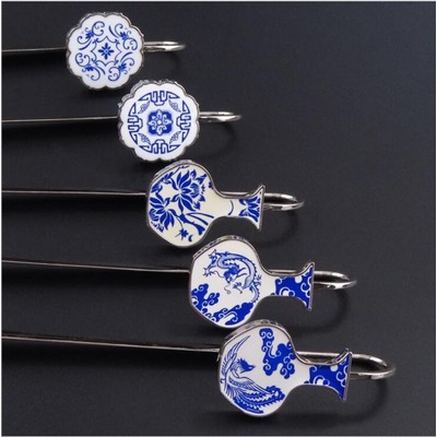 Metal Chinese Culture Blue & White Porcelain Bookmark