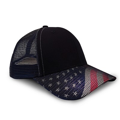 Patriotic Trucker Cap w/Mesh Covered Imprinted Flag Bill