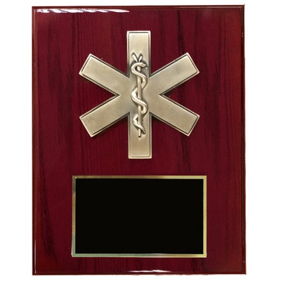 EMT/Paramedic Star of Life Plaque w/Piano Finish Cherry Board (8" x 10")