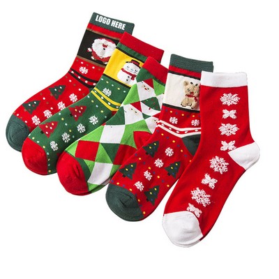 5-in-1 Christmas cotton crew socks for girls