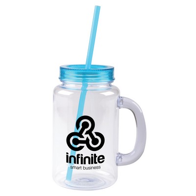 20 oz. Aqua Blue Lid & Straw with Clear Plastic Mason Jar