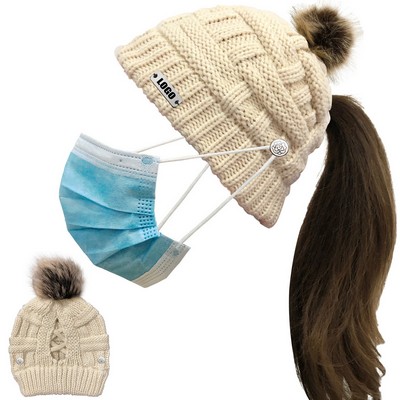 Weaved Pattern Ponytail Pompon Hat With Mask Buckle