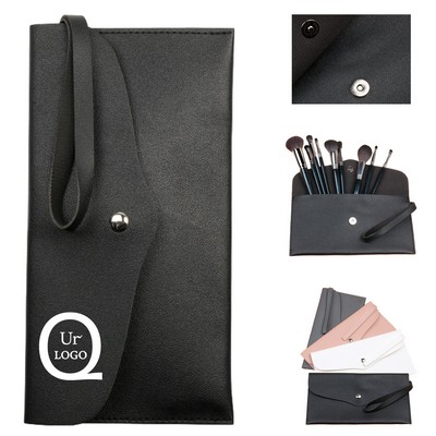 Pu Button Pouch Handbag For 15Pcs Makeup Brushes