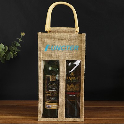 Eco-Friendly Burlap 2 Wine Bottle Bag w/ Window & Cane Handle