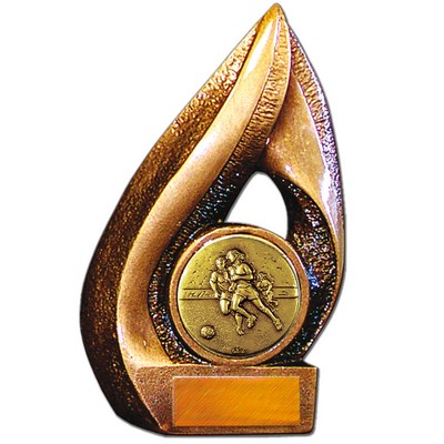 Stock Flame 7" Trophy with 2" Soccer Female Coin, Engraving Plate