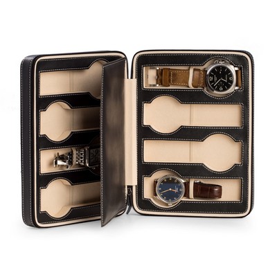 Black Leather Eight Watch Travel Case