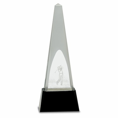 10 1/4" Clear Crystal 3D Golf Spire on Black Pedestal Base Crystal Award