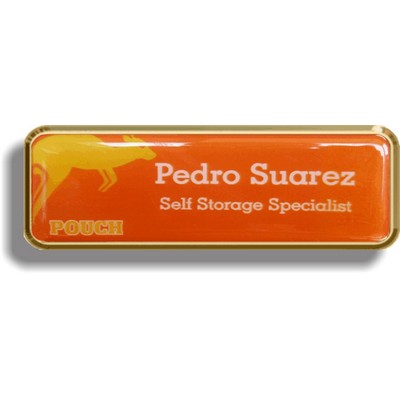 Bright Gold Plastic Framed Badge w/White PVC Metal Insert, Printed in Full Color (1"x 3")