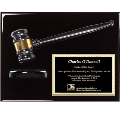 Ebony Piano Gavel Plaque w/Brass Plate, Matching Gavel, 9"x12"