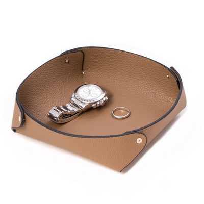 Leather catchall valet tray in lay flat design