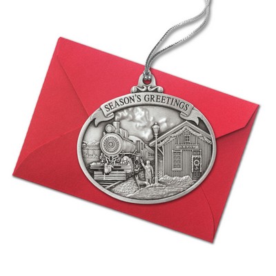 Mini Stock Design Season's Greetings Train Depot Pewter Ornament