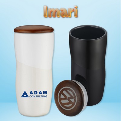 Imari Double Walled 12 oz Ceramic Tumbler with Two-Tone Design and Wood Lid