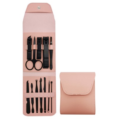 Black Carbon Steel 12 Pieces Manicure Set W/ PU Case