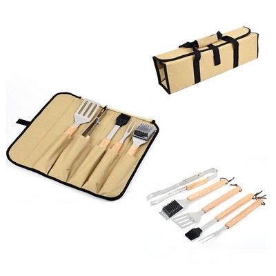 5 Pcs Bamboo Bbq Tools Set With Bag