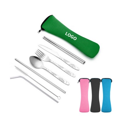 Custom Logo Outdoor Camping Stainless Steel Knife Fork Spoon Travel Cutlery 7 in 1 Utensils kit